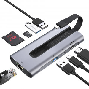 ESR - Hub 8in1 - RJ45, 3 x USB, 2 x Type-C, HDMI, SD Card, Micro SD Card - Grey - Img 2