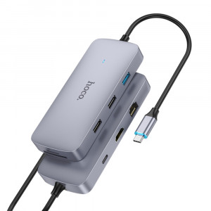 Hoco - Docking Station Season 8in1 (HB32) - Type-C to USB3.0, 2xUSB2.0, HDMI, RJ45, SD Card, TF Card, Type-C - Metal Gray - Img 1