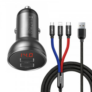 Incarcator Auto 2xUSB + Cablu 3in1 - Baseus Digital Display (TZCCBX-0G) - Black - Img 1
