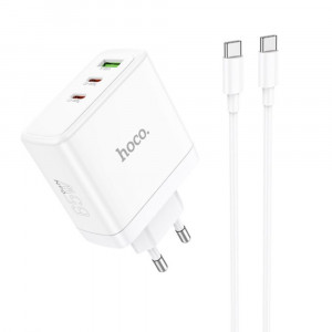 Incarcator pentru Priza GaN, Fast Charging, USB, 2x Type-C, 65W + Cablu Type-C - Hoco Glory (N30) - White - Img 2