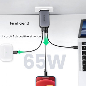 Incarcator Priza USB-A QC 3.0, 2xUSB-C PD GaN 65W, 3.25A - Ugreen Nexode (15334) - White - Img 4