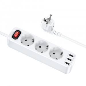 Prelungitor 3xPriza Shuko, 3xUSB 2.4A, 1.8m - Hoco (NS2) - White - Img 1