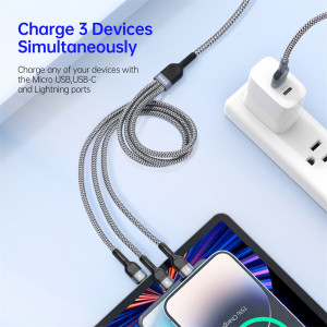 Cablu de Date 3 in 1, USB la Type-C, Lightning, Micro-USB, 1.3m - Duzzona (A3) - Grey - Img 3