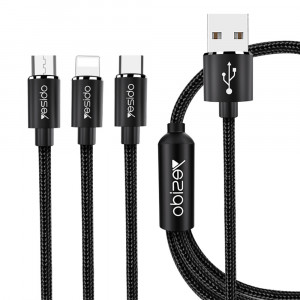 Cablu de Date 3in1 USB la Lightning, Type-C, Micro USB 60W, 3A, 1.2m - Yesido (CA-60) - Black - Img 1