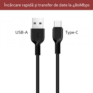 Cablu de Date USB-A la Type-C 10W, 3A, 3m - Hoco Flash (X20) - Black - Img 3