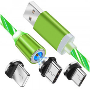 Cablu de Incarcare Magnetic USB la Type-C, Micro-USB, Lightning 1m - Techsuit LED Flowing - Green - Img 2