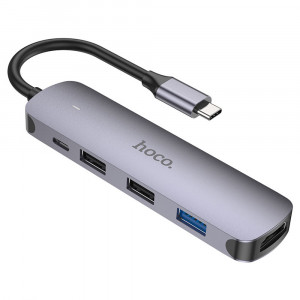 Hoco - Docking Station (HB27) - Type-C to USB 3.0, 2x USB 2.0, Type-C, HDMI, 60W, 20V/3A, 4K@30Hz - Metal Gray - Img 3