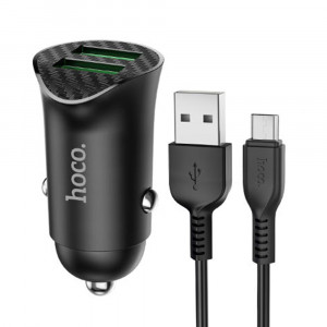 Incarcator Auto 2x USB QC3.0, 18W + Cablu Micro-USB 1m- Hoco (Z39 Farsighted) - Black - Img 1