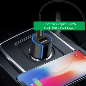 Incarcator Auto USB QC3.0 18W, Type-C PD 18W, 3A - Yesido (Y32) - Black - Img 3