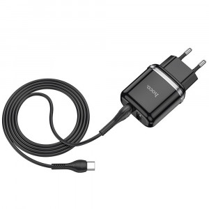 Incarcator Priza 2xUSB-A, 12W, 2.4A + Cablu Type-C 1m - Hoco Aspiring (N4) - Black - Img 2