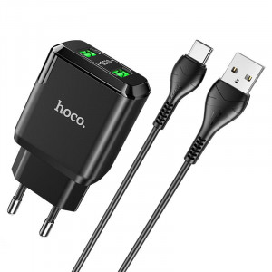 Incarcator Priza 2xUSB-A, 18W, 3A + Cablu Type-C 1m - Hoco Charmer (N6) - Black - Img 1
