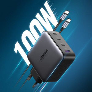 Incarcator Priza Fast Charging GaN 3 x Type-C, USB 100W - Ugreen (40747) - Black - Img 3