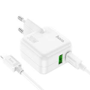 Incarcator Priza USB, Type-C 30W + Cablu Type-C la Lightning - Hoco Lucky (C111A) - White - Img 3