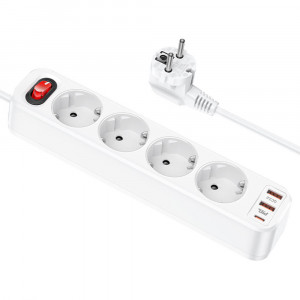 Prelungitor 2xUSB-A 18W, 4xShuko, Type-C PD20W, 3A, 1.8m - Hoco Aura (NS1) - White - Img 1