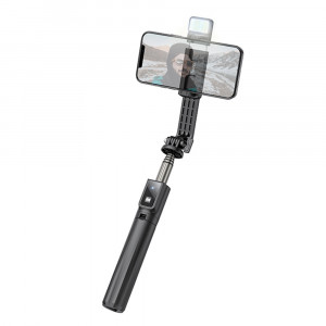 Selfie Stick cu Interfata Surub 1/4 cu Telecomanda si Lumini LED, 80cm - Black - Img 1