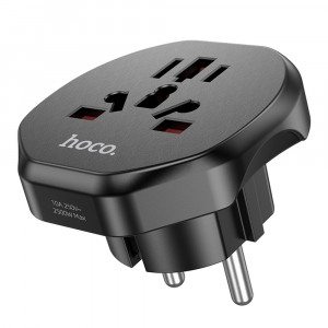 Adaptor Priza Universal PL/EU Plug / UK, 10A, 250V, 2500W - Hoco (AC6) - Black - Img 1