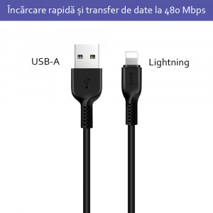 Cablu de Date USB-A la Lightning 10W, 2A, 2m - Hoco Flash (X20) - Black - Img 2