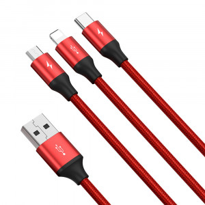 Cablu de Date USB la Type-C, Lightning, Micro-USB 3.5A, 1.2m - Baseus Rapid Series (CAJS000009) - Red - Img 2