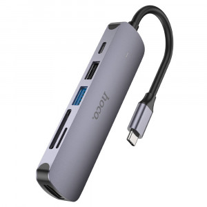 Hoco - Docking Station (HB28) - Type-C to USB3.0, USB2.0, SD Card, TF Card, Type-C, HDMI - Metal Gray - Img 2