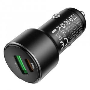 Incarcator Auto USB-A, Type-C, QC 3.0, PD20W, 3A - Hoco Light Road (Z42) - Black - Img 3