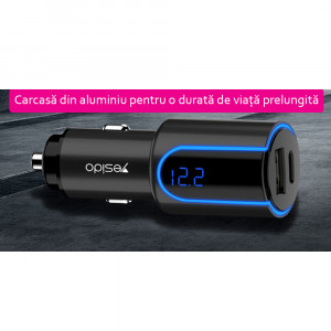 Incarcator Auto USB QC3.0 18W, Type-C PD 18W, 3A - Yesido (Y32) - Black - Img 4