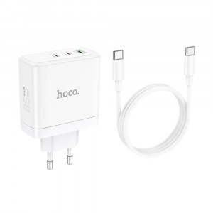 Incarcator pentru Priza GaN, Fast Charging, USB, 2x Type-C, 65W + Cablu Type-C - Hoco Glory (N30) - White - Img 3