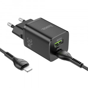 Incarcator Priza USB-A, Type-C, Q.C3.0, PD30W, 3.0A + Cablu Lightning - Hoco Bright (N13) - Black - Img 1