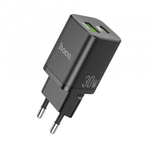 Incarcator Priza USB-A, Type-C, Q.C3.0, PD30W, 3.0A + Cablu Lightning - Hoco Bright (N13) - Black - Img 3