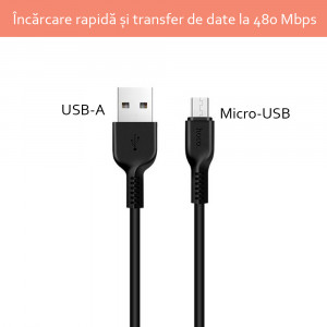 Cablu de Date USB-A la Micro-USB 10W, 2A, 3m - Hoco Flash (X20) - Black - Img 2