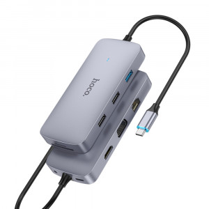 Hoco - Docking Station Easy 10in1 (HB33) - Type-C to USB3.0, 2xUSB2.0, HDMI, RJ45, SD/TF Card, Type-C, VGA, Aux - Metal Gray - Img 1