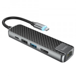 Hoco - Docking Station Easy View (HB23) - Type-C to Type-C, USB 2.0, USB 3.0 , HDMI, RJ45 - Metal Gray - Img 2