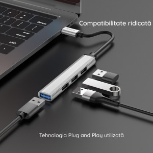 Hub Type-C la USB 3.0, 3xUSB 2.0 - Hoco (HB26) - Grey - Img 4