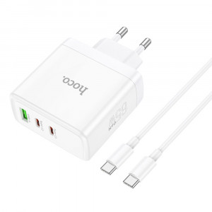 Incarcator pentru Priza GaN, Fast Charging, USB, 2x Type-C, 65W + Cablu Type-C - Hoco Glory (N30) - White - Img 1