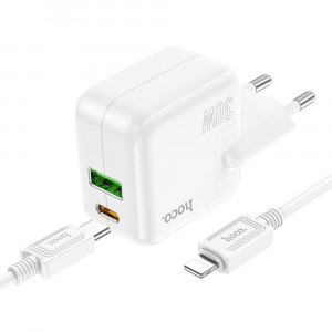Incarcator Priza USB, Type-C 30W + Cablu Type-C la Lightning - Hoco Lucky (C111A) - White - Img 4