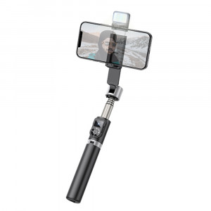 Selfie Stick Bluetooth cu Telecomanda, Lumini LED si Trepied, 80cm - Hoco (K16) - Black - Img 1
