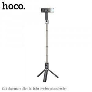 Selfie Stick Bluetooth cu Telecomanda, Lumini LED si Trepied, 80cm - Hoco (K16) - Black - Img 2
