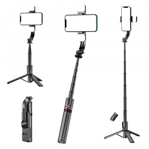 Selfie Stick Stabil Wireless cu Lumina LED Detasabila, 108cm - Techsuit Tripod Mount LED (L12D) - Black - Img 1