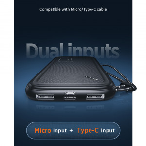 Baterie Externa 10000mAh, 2xUSB, USB-C, Micro-USB - USAMS Lanyard (US-CD150) - Black - Img 3