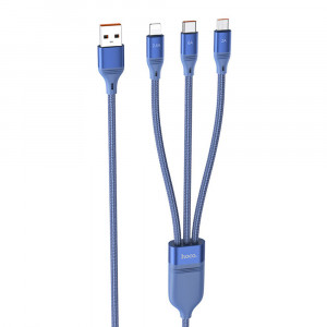 Cablu de Date 3in1 USB-A la Lightning, Type-C, Micro-USB 66W, 6A, 1.2m - Hoco Ultra (U104) - Blue - Img 1