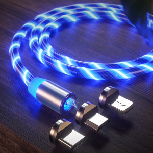 Cablu de Incarcare Magnetic USB la Type-C, Micro-USB, Lightning 1m - Techsuit LED Flowing - Blue - Img 1