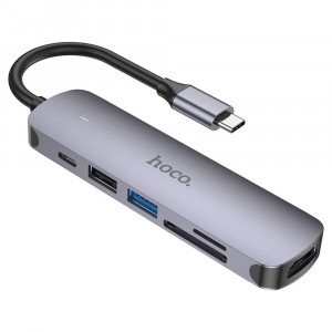 Hoco - Docking Station (HB28) - Type-C to USB3.0, USB2.0, SD Card, TF Card, Type-C, HDMI - Metal Gray - Img 3