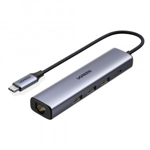 Hub Type-C la 3x USB-A, RJ45 PD 100W - Ugreen (20932) - Gray - Img 1
