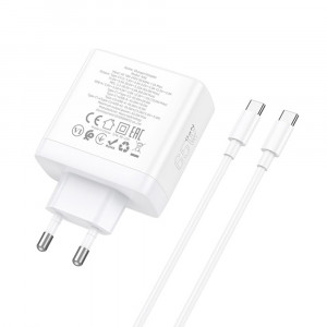 Incarcator pentru Priza GaN, Fast Charging, USB, 2x Type-C, 65W + Cablu Type-C - Hoco Glory (N30) - White - Img 4