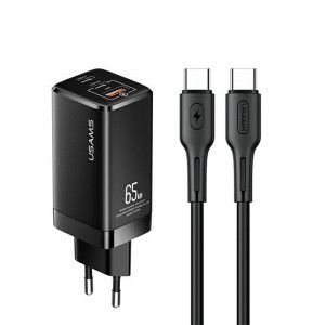 Incarcator priza 2x Type-C, USB 65W + Cablu Type-C PD100W - USAMS Kit (MTXLOGTC01) - Black - Img 1