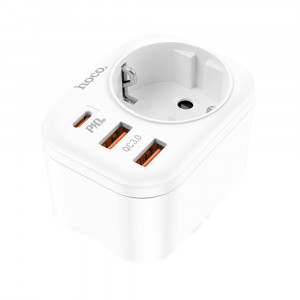 Incarcator Priza, Adaptor Shuko 2xUSB-A, Type-C, QC 3.0, 3A, PD 20W - Hoco (NS3) - White - Img 2