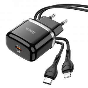 Incarcator Priza Type-C, QC 3.0, 20W, 3A + Cablu Lightning 1m - Hoco Victorious (N24) - Black - Img 1
