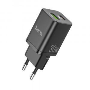 Incarcator Priza USB-A, Type-C, Q.C3.0, PD30W, 3.0A - Hoco Bright (N13) - Black - Img 2