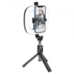 Selfie Stick cu Inel Luminos - Hoco Showfull (LV03 Plus) - Black - Img 1