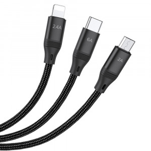 Cablu de Date 3in1 USB-A la Lightning, Type-C, Micro-USB 66W, 6A, 1.2m - Hoco Ultra (U104) - Blue - Img 3