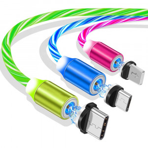 Cablu de Incarcare Magnetic USB la Type-C, Micro-USB, Lightning 1m - Techsuit LED Flowing - Green - Img 4